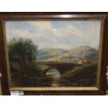 19th century English School, oil on canvas, Cattle drover on a bridge, 34 x 42cm Condition: Paint