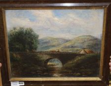 19th century English School, oil on canvas, Cattle drover on a bridge, 34 x 42cm Condition: Paint