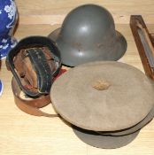 A WWII steel helmet, a Royal Gloucestershire Hussars cap, a Scots Guards? cap, three leather items