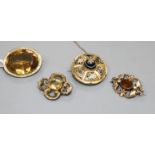 A Victorian yellow metal, enamel, banded agate and seed pearl set mourning brooch and three other