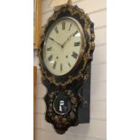 A Victorian papier mache eight day drop dial wall clock, H.73cm dial Diam.32cm Condition: The dial