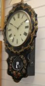 A Victorian papier mache eight day drop dial wall clock, H.73cm dial Diam.32cm Condition: The dial