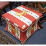 A Victorian mahogany ottoman, re-upholstered with a lion and spearhead fabric, W.62cm D.62cm H.