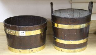 Two brass bound wooden tubs, diameter 33cm and 31cm Condition: - the taller of the two is oak and