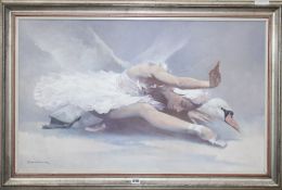 Tony Butler (South African, 1959-), oil on canvas, Ballerina with swan, signed, 53 x 87cm Condition: