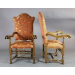 A pair of 19th century French 17th century style carved walnut high back armchairs, with floral