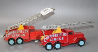 Two Corgi Chipperfield's Circus International trucks Condition:- one appears to be lacking any hook,