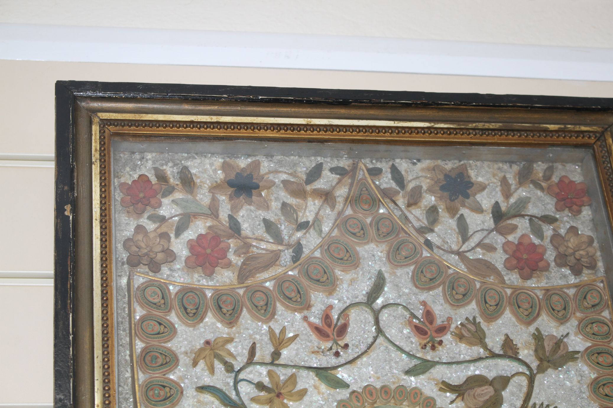 An early 19th century paper scroll work panel, formed with a printed miniature within a floral - Image 4 of 6
