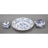 A Meissen blue and white quatrelobed bowl and cover, width 11.5cm, a circular bowl and cover, 8.