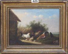 J. Vemruée, oil on panel, Chickens in a landscape, signed, 17 x 23cm Condition: Paint dirty, frame
