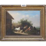 J. Vemruée, oil on panel, Chickens in a landscape, signed, 17 x 23cm Condition: Paint dirty, frame