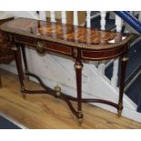 A pair of Meuble Francais marquetry inlaid console tables, W.130cm D.39cm H.80cm Condition: Very