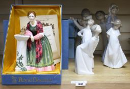 Four Lladro figures of children in their nightdresses, largest 24cm, three similar Nao figures,