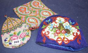 Three assorted beadwork purses / bags Condition:- green example, 20 x 17.5cm, lacks handle or