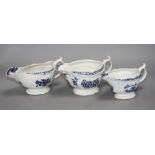 A Lowestoft blue and white sauceboat, c.1770 and two Worcester blue and white sauceboats, c.1758-