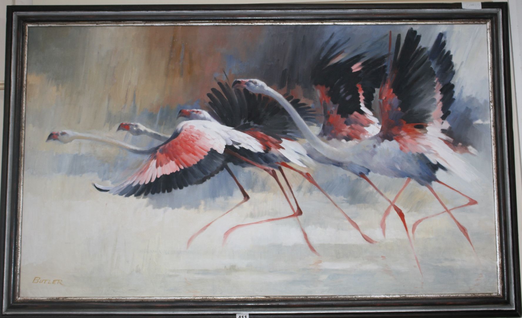 Tony Butler (South African, 1959-), oil on board, Flamingo's ascending, signed, 69 x 120cm