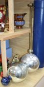 Three assorted glass witches balls Condition:- silver ball with Edwardian brass ceiling light