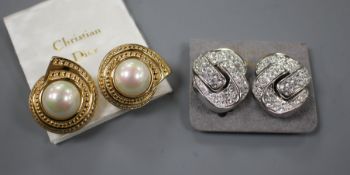 Two pairs of Christian Dior costume ear clips, white paste and simulated pearl, both approx. 33mm,