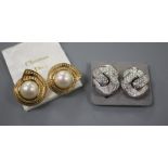 Two pairs of Christian Dior costume ear clips, white paste and simulated pearl, both approx. 33mm,