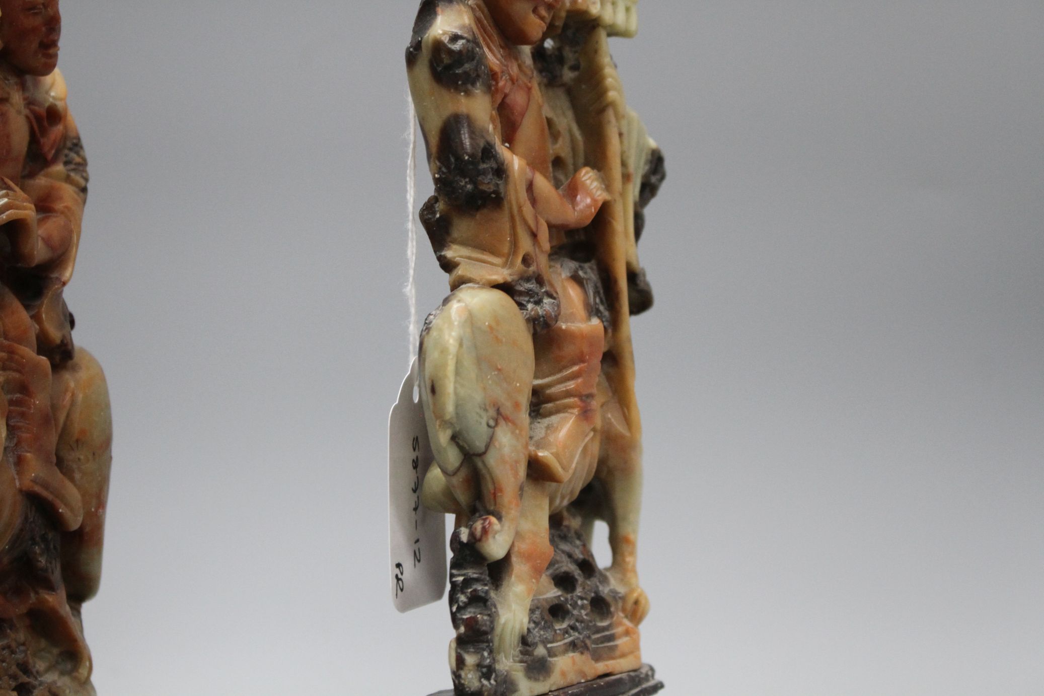 A pair of Chinese soapstone carvings depicting figures riding upon elephants, height 19cm, height - Image 3 of 5