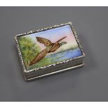 A modern silver and enamel snuff box, decorated with a pheasant in flight, Birmingham, 1982, 47mm.