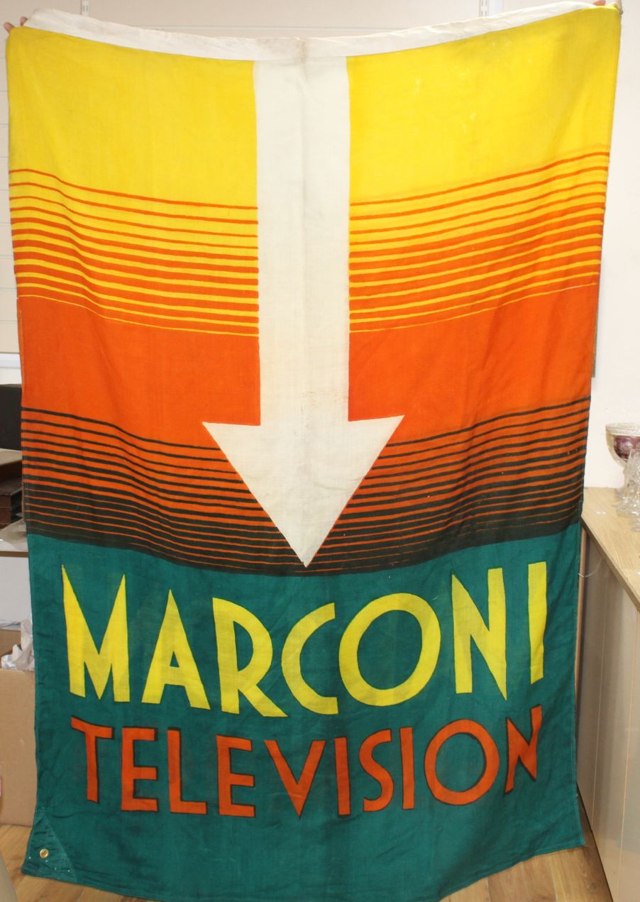 A rare early 20th century Marconi Television banner, brightly coloured, height approx. 204cm width