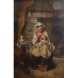19th C. French School, oil on panel, Interior with mother and child, indistinctly signed, 15 x