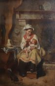 19th C. French School, oil on panel, Interior with mother and child, indistinctly signed, 15 x