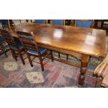 An 18th century style rectangular oak refectory dining table, L230cm, D.90cm, H.76cm