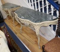 A pair of 18th century style marble top console tables, W.150cm, D.54cm, H.88cm