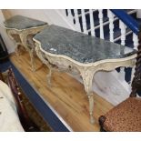 A pair of 18th century style marble top console tables, W.150cm, D.54cm, H.88cm