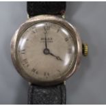A gentleman's late 1930's silver Rolex Unicorn manual wind wrist watch, on associated leather