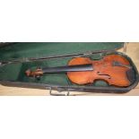 A cased double back violin, John Lamb 1917CONDITION: Only 1 string remaining. 1 peg detached. Tail