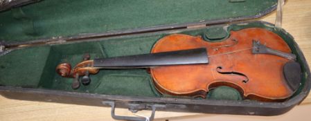 A cased double back violin, John Lamb 1917CONDITION: Only 1 string remaining. 1 peg detached. Tail