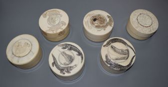 Six Japanese ivory drum shaped boxes, early 20th century, each 6.5cm