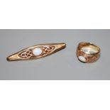 An opal and 9ct two-colour gold Celtic design brooch and ring en suite, ring size M, gross 11.2