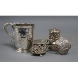 A Victorian silver christening mug, decorated with holly, Edward Ker Reid, London, 1864, 9cm, an