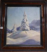 A. Kraus, oil on canvas, Alpine landscape with snow covered pine trees, signed and dated '42, 47 x