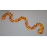 A single strand barrel shaped amber bead necklace, 124cm, gross weight 75 grams.CONDITION: One