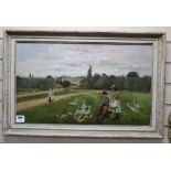 A.M. Rossi, oil on canvas laid on board, Children feeding geese, signed and dated 1880, 37 x