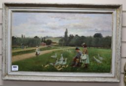 A.M. Rossi, oil on canvas laid on board, Children feeding geese, signed and dated 1880, 37 x