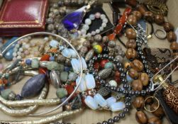 A mixed group of assorted costume jewellery including hematite necklace and two mounted glass