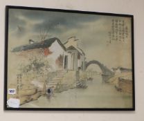 Japanese School, watercolour, Waterside houses, inscribed, 42 x 58cm