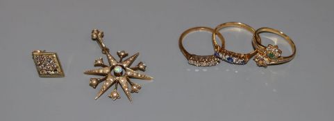 An 18ct, sapphire and diamond set five stone half hoop ring, a Murrle Bennett & Co 9ct, white opal
