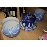 A Wedgwood 19th century blue and white Jasperware stilton dish and cover and two Jasperware