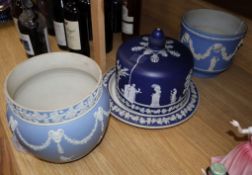 A Wedgwood 19th century blue and white Jasperware stilton dish and cover and two Jasperware