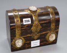 A Victorian brass bound coromandel wood stationery casket, with cameo mounts, height 17.