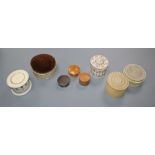 Six 19th / early 20th century ivory drum shaped sewing boxes and three other small boxes, diameter