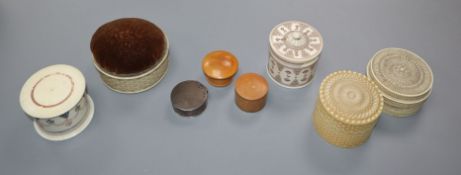 Six 19th / early 20th century ivory drum shaped sewing boxes and three other small boxes, diameter