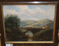 19th century English School, oil on canvas, Cattle drover on a bridge, 34 x 42cmCONDITION: Paint